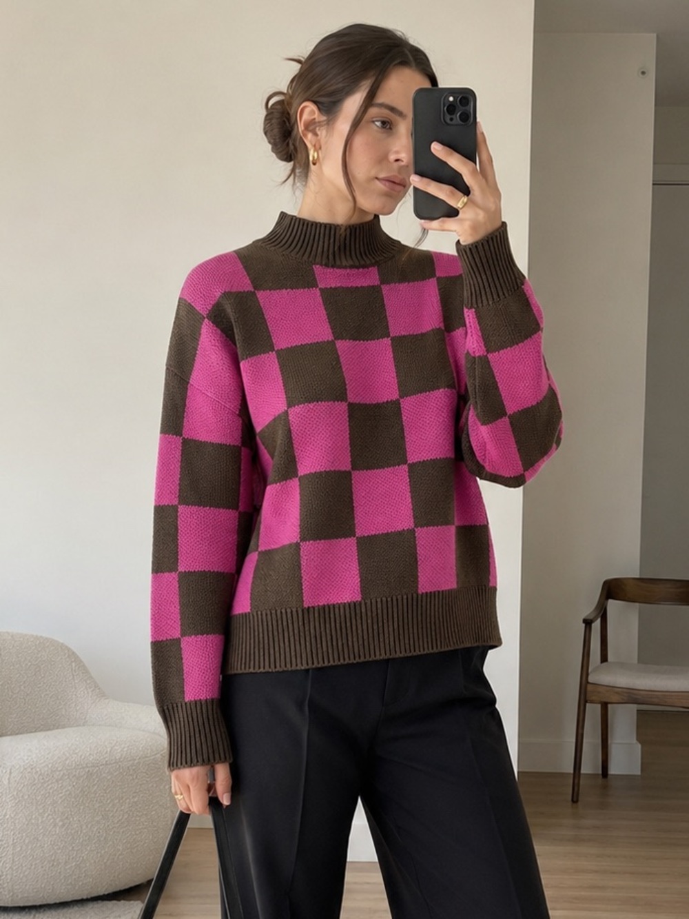 Selected Femme Linea Mock-Neck Checkerboard Jumper Pink Brown Size L